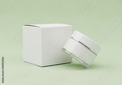 White cosmetic container and box mockup on green background