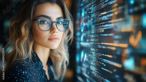 Young Woman With Glasses Analyzing Data on a Digital Screen in a Modern Offic...