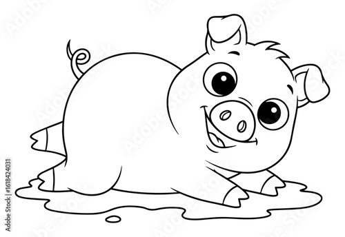 Cartoon Piglet in Mud, Black and White Outline