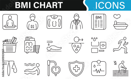 Icons for BMI health chart with food, exercise, and wellness symbols