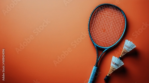 Bright Orange Wall With Badminton Equipment Showcases Vibrant Activity and Le...