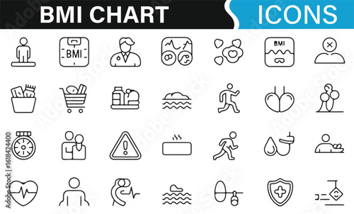 Icon set for BMI chart focusing on health, diet, and fitness