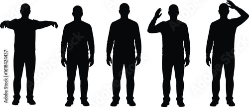Silhouette male poses, expressive body language, emotional gesture, communication concept, full length figure, shadow movement, isolated posture, vector illustration