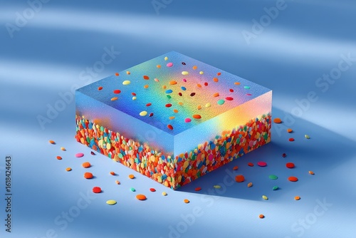 Minimal concept of Floating QR code rendering dry embossed over card center with shimmering confetti reflection, interactive futuristic vibe implied, soft minimalist backdrop, crisp metallic shadows