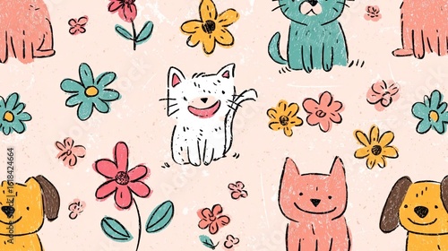 Playful Hand-Drawn Animal and Floral Pattern: Cats, Dogs, and Flowers on a Light Pink Background