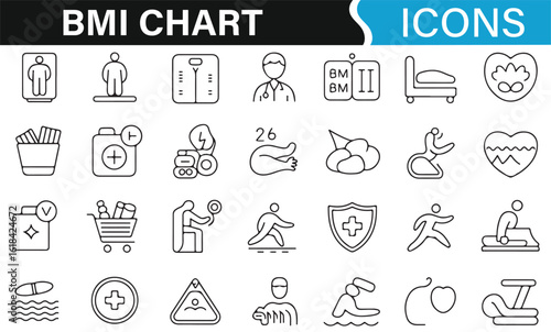BMI chart icons depicting health, fitness, and wellness symbols
