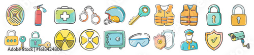 Hand-drawn safety and security icon set - Colorful doodle-style icons representing safety, emergency equipment, law enforcement, and security measures, ideal for infographics or education.