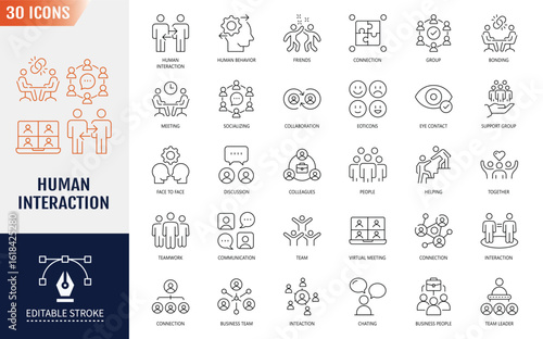 Human Interaction Line Editable Icons set. Containing communication, connection, relationships, and more. Vector illustration