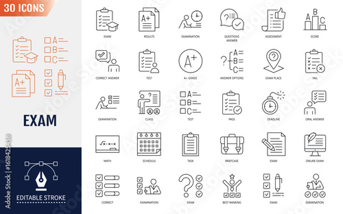 Exam Editable Icons set. Containing questionnaire, test results, answer, and more. Vector illustration