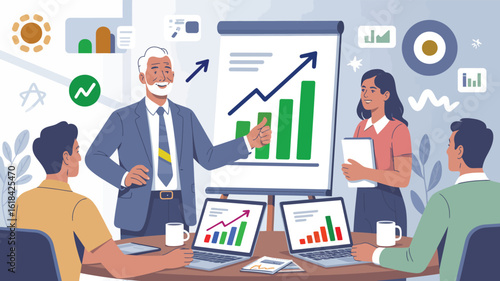 Executive presenting growth strategy with upward graphs on flip chart and laptops during team meeting in modern office setting.