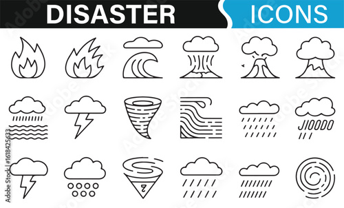 Icon set representing natural disasters such as floods, earthquakes, and lightning