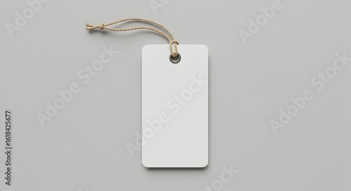 Blank White Rectangle Tag Mockup with Jute String on Light Grey Background