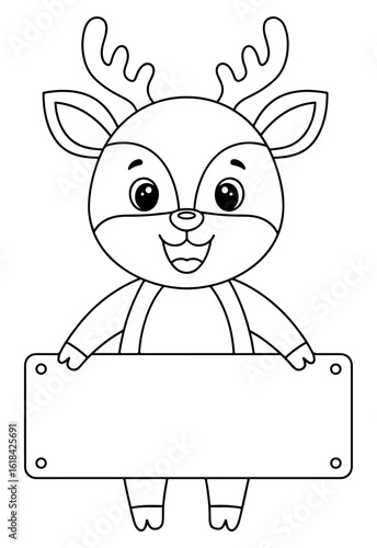 Cute Cartoon Reindeer Holding a Blank Sign, Black and White Outline
