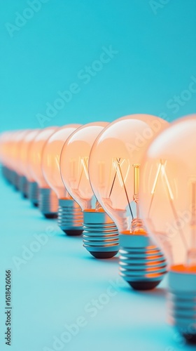 Glowing light bulbs in a row on a bright blue background