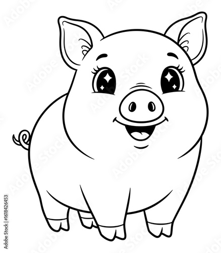 Cartoon Line Art Illustration of a Happy Pig with Sparkling Eyes