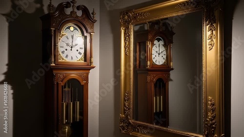 grandfather clock Elegant antique grandfather clock with moon phase dial reflected in a richly ornate gold mirror, creating a timeless and sophisticated interior setting.