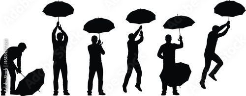 Silhouette people with umbrellas, jumping, standing, opening, creative poses, rainy day concept, black and white, emotional movement, stock illustration