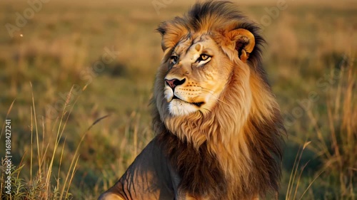 Majestic Lion Portrait in Golden Light, King of the Savanna with Intense Gaze.