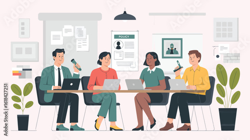 Creative business team collaborating in cozy meeting room with laptops and microphones, sharing ideas in relaxed, personalized workspace.