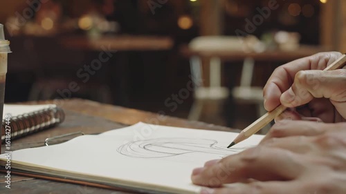 Sketching with Pencil in a Cafe. Conceptualizing Design on Paper, Idea Generation