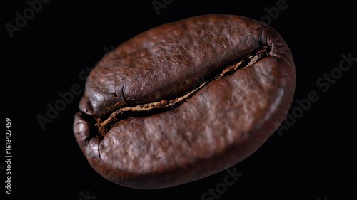 Single Coffee Bean Macro Shot on Black Background, Detailed Texture and Surface.