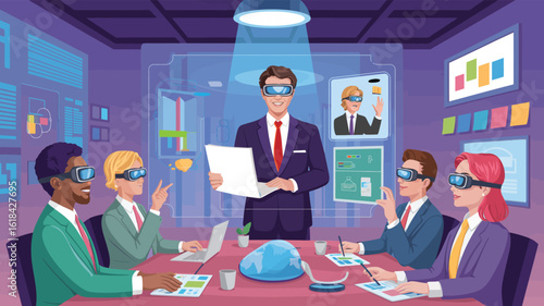 Futuristic business meeting with vr headsets and holographic projections, team analyzing global data and virtual charts in tech office.