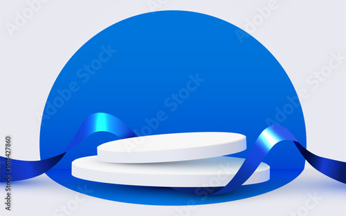Podium scene background with ribbon. Product presentation, mock up. Winner stage pedestal or platform. Vector illustration