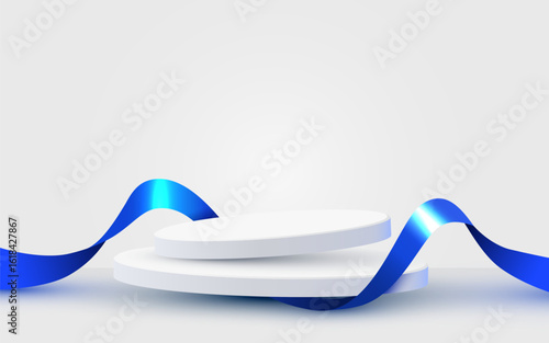 Podium scene background with ribbon. Product presentation, mock up. Winner stage pedestal or platform. Vector illustration