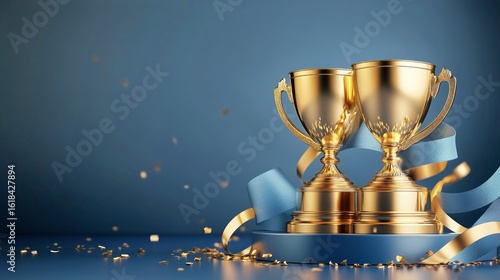 Shiny Golden Trophies on a Blue Background With Decorative Ribbons and Confet...