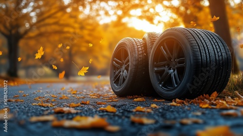 Autumn Landscape With Tires on a Road Surrounded by Colorful Leaves in a Sere...
