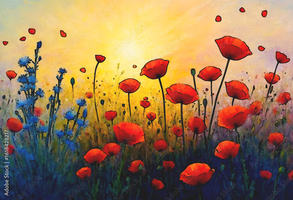 Obraz premium Watercolor illustration of vibrant red wildflowers basking in sunlight, perfect for nature-inspired and seasonal designs.