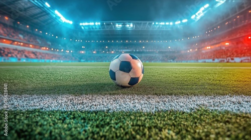 Exciting Soccer Match at a Packed Stadium Under Vibrant Lights With a Ball on...