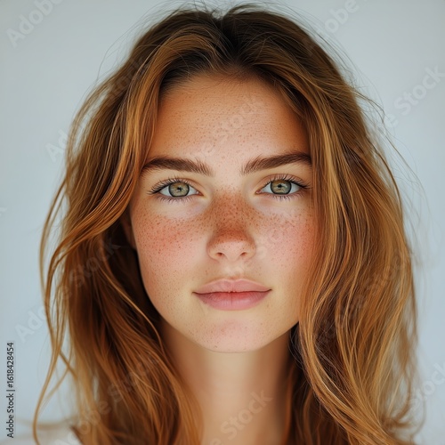Portrait of a Young Woman With Natural Beauty and Freckles at a Neutral Backg...