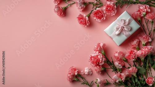 Gift Box Surrounded by Pink Carnations on a Pastel Background for Special Occ...