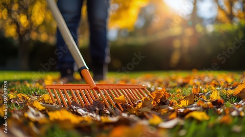 Person Raking Colorful Autumn Leaves in a Sunny Park During Fall Afternoon.