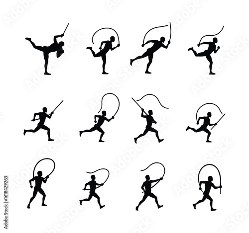  Olympic-Style Athlete Silhouettes Performing Jump Rope and Battle Rope Exercises – Vector Collection