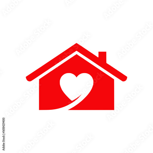 Solid Red Logo of House and Heart Representing Care and Home Love