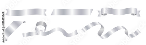 立体感のあるシルバーリボン素材セット（表彰 装飾 バナー デザインパーツ ベクター）