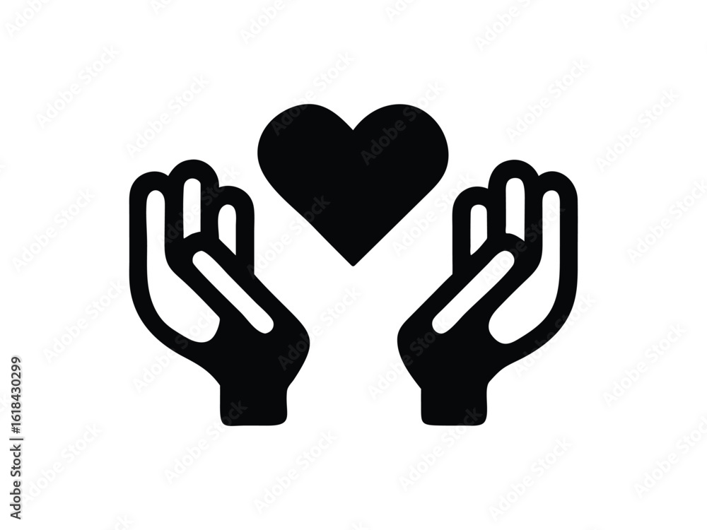 Obraz premium Compassionate Hands Gently Holding a Heart: Simple Black and White Icon, Charitable Giving Concept