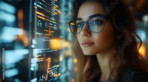 Young Woman Focused on Coding in a Modern Tech Environment at Night