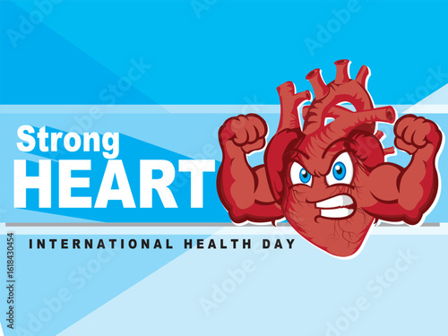 strong heart illustration. international health day. Heart Flexing Muscles Cartoon Character.
