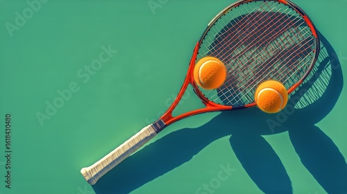 Tennis Racket and Ball on a Green Court Surface During Daylight Hours.