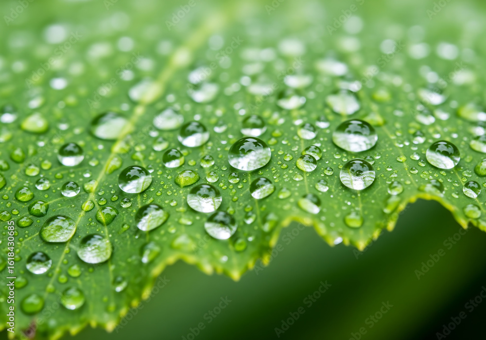 Close up of a green leaf covered in many small water droplets after rain Close up of a green leaf covered in many small water droplets after rain