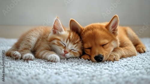 Cute Kitten and Puppy Sleeping Together on a Soft Surface in a Cozy Indoor Se...