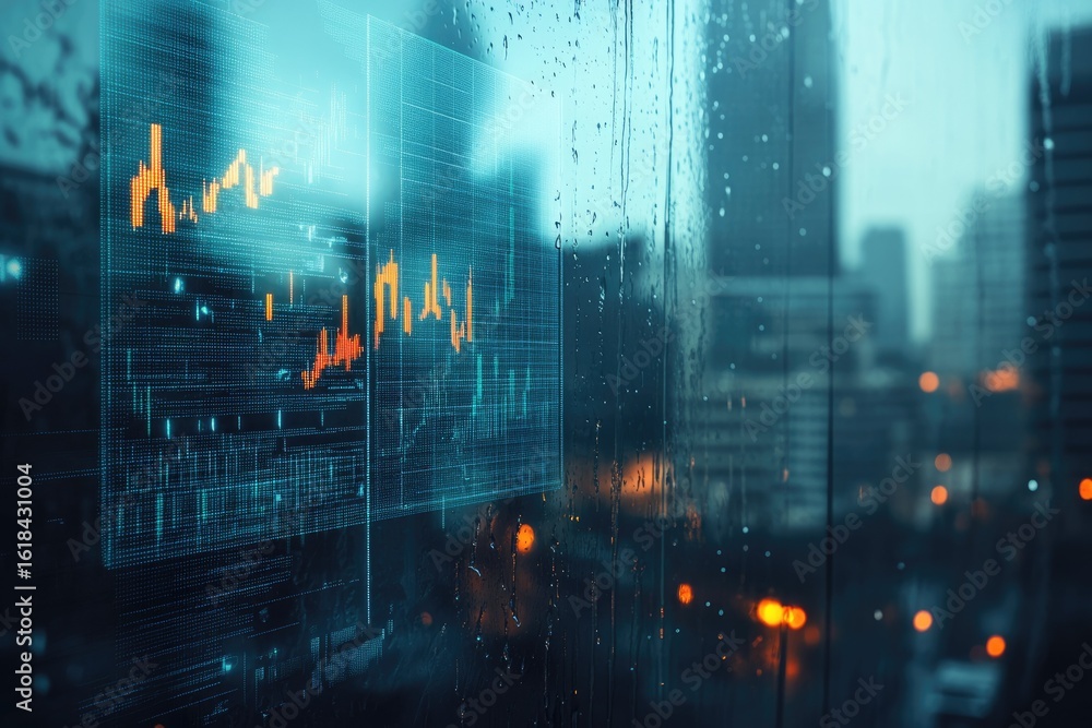 Fototapeta premium Stock market data displayed on a screen during a rainy night in a city.