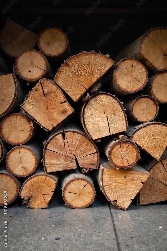 Fototapeta premium A rustic pile of bundled firewood, ready for the fireplace or wood stove Perfect for autumn, winter, and cozy home themes Shows natural textures and variations in wood grain , wood, warmth, cozy