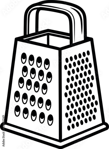 Black and white line art illustration of a classic box grater with a handle and multiple perforated sides for shredding and slicing.