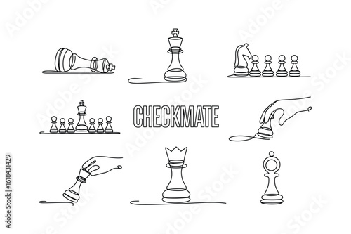 Chess pieces and checkmate text line art king queen