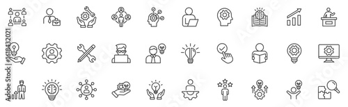Soft skill line editable icon set. Contains icons related to upskill, upskilling, personal growth, development, education, training, career, and more, line icon collections.
