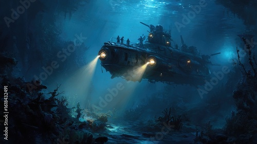 In this deep-sea exploration scene, a high-tech submarine emits a bright searchlight, illuminating a mysterious ancient shipwreck covered in vibrant coral.